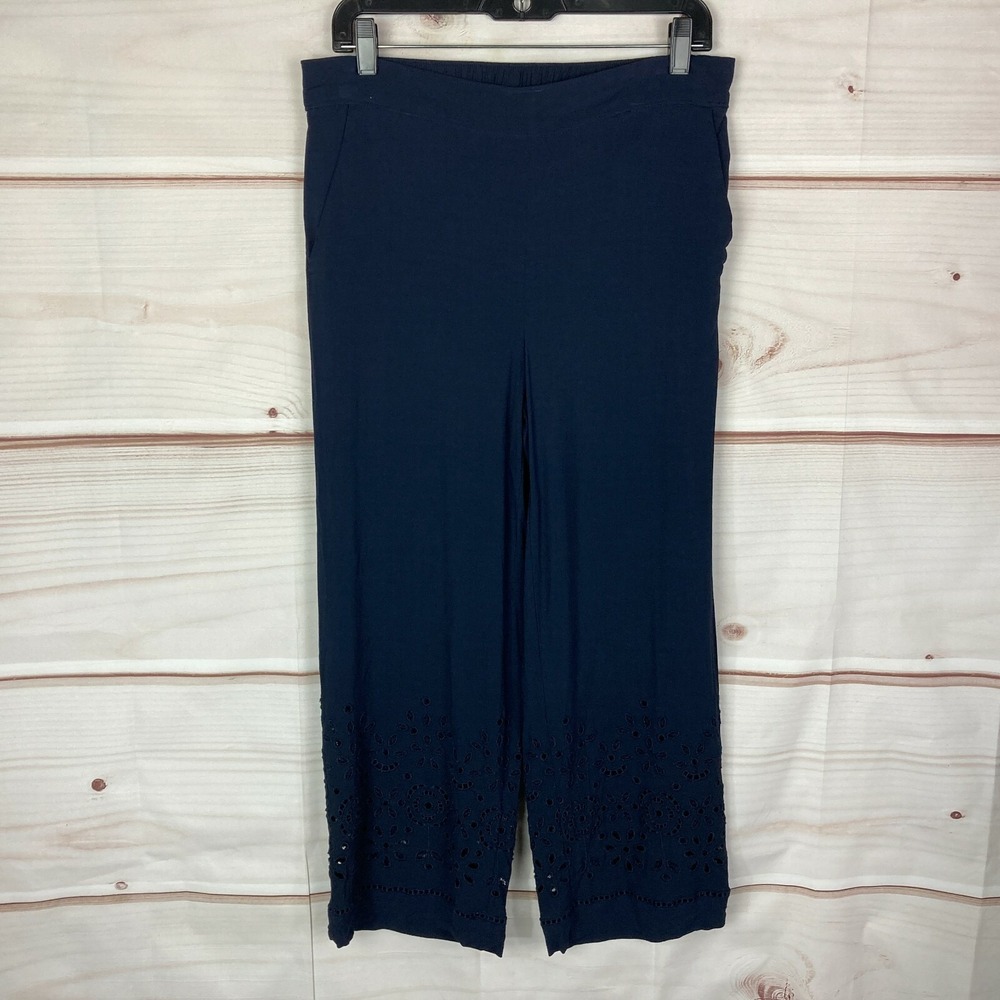 LOFT Pants Womens M Blue Straight Leg Pull On Crochet Hem Crop Pockets Solid